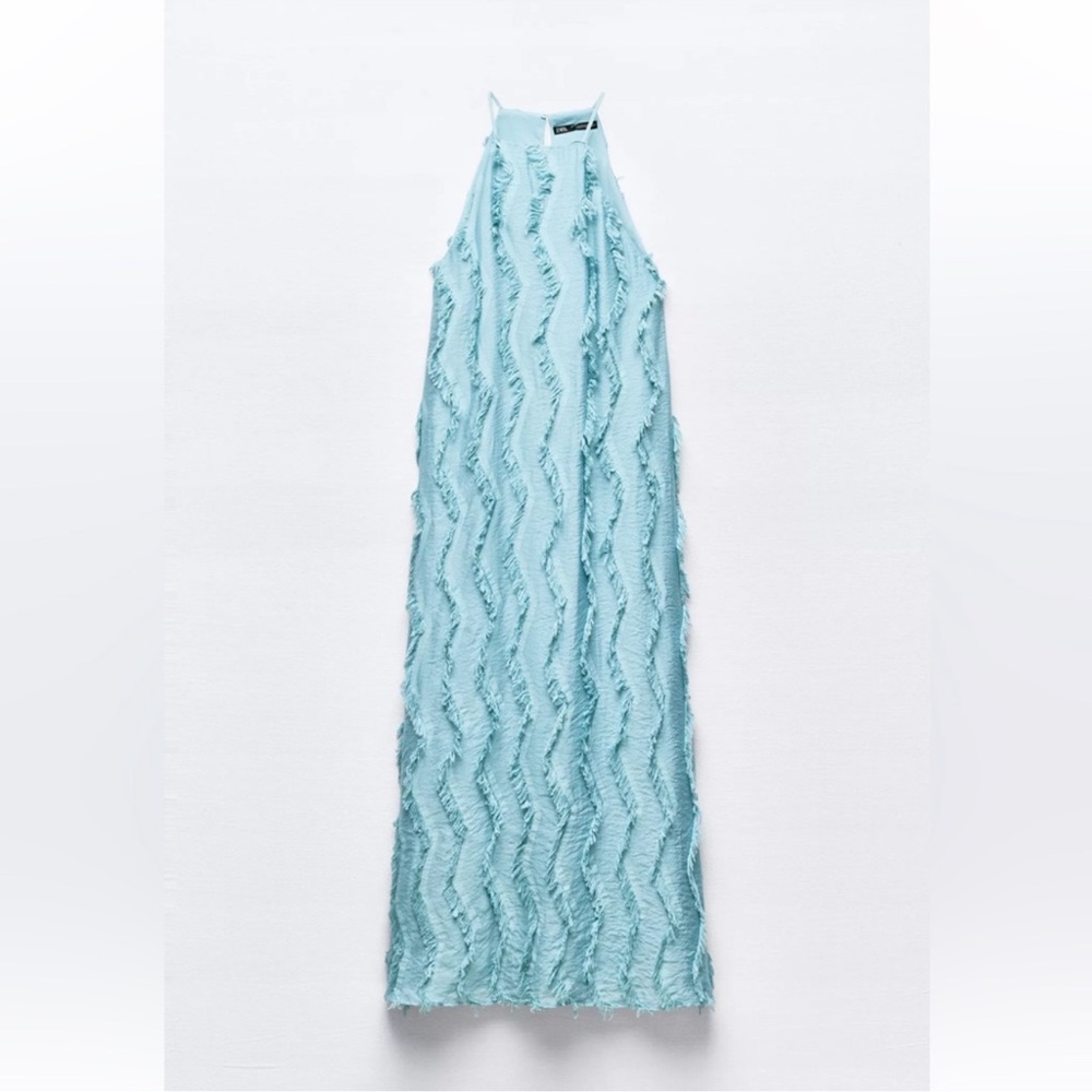 Zara Teal Textured Fringe Maxi Dress